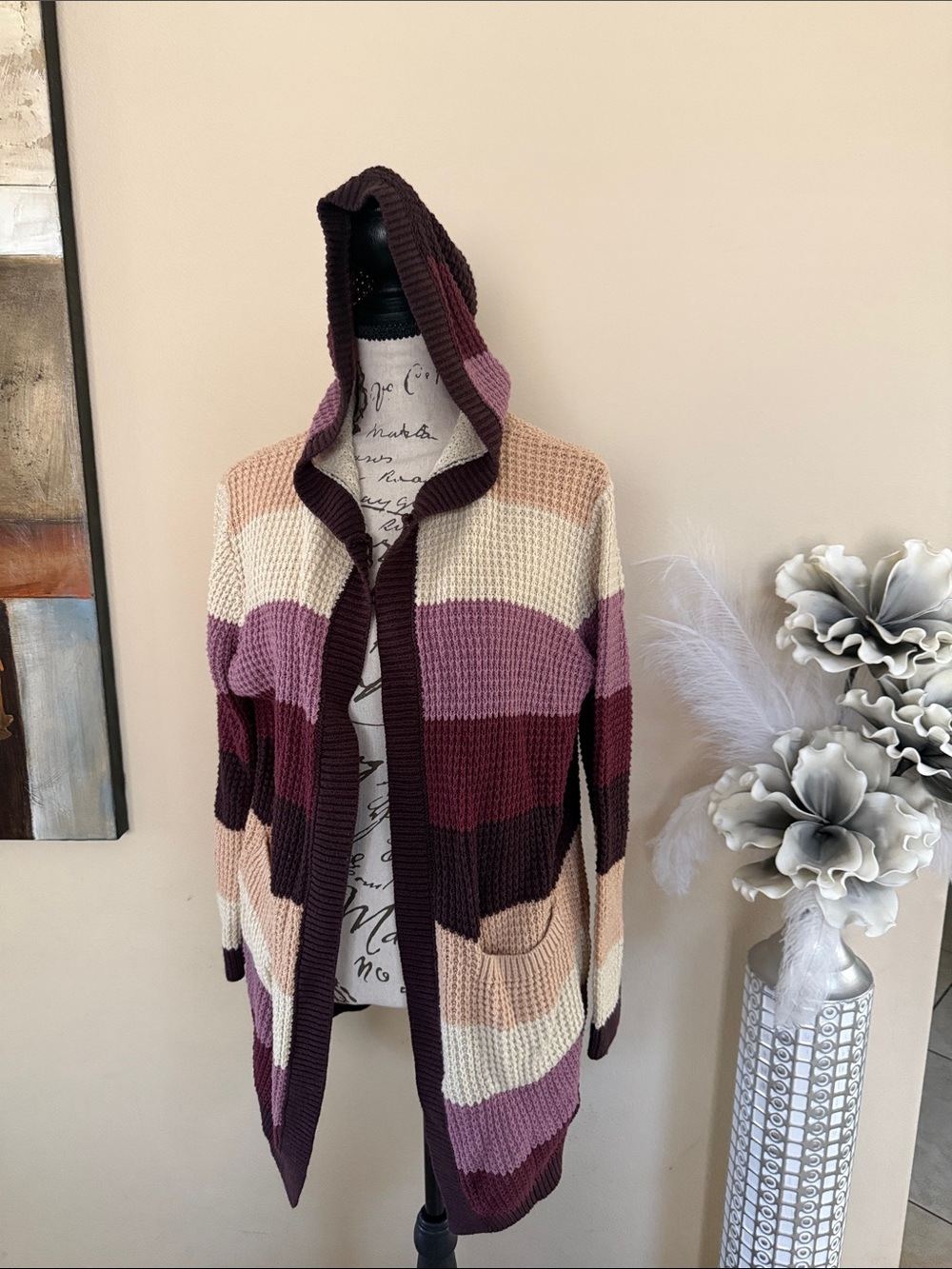 Striped Hooded Knit Cardigan Sweater - Cream & Mauve